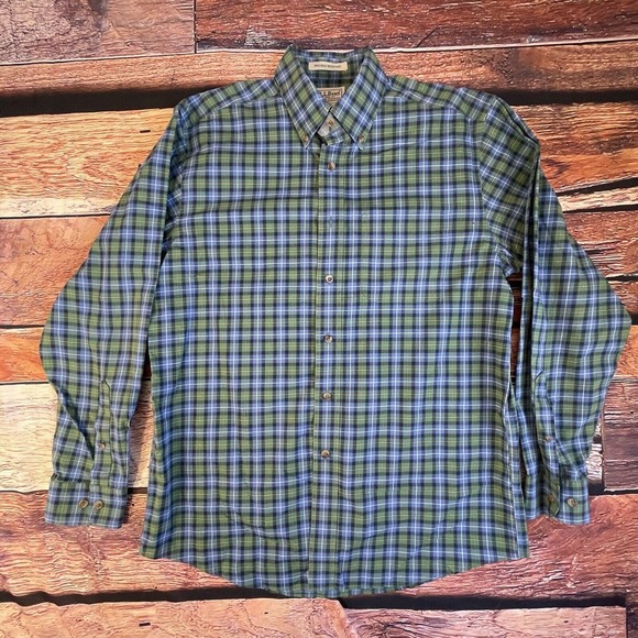 L.L Bean Large Mens Shirt‎ Signature Green Blue 100% Cotton - Picture 1 of 7